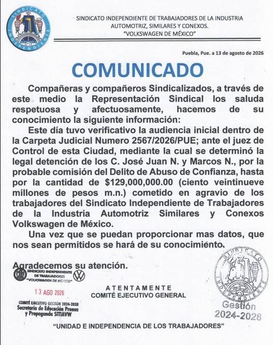Detienen a exdirigentes del SITIAVW por presunto abuso de confianza de 129 mdp
