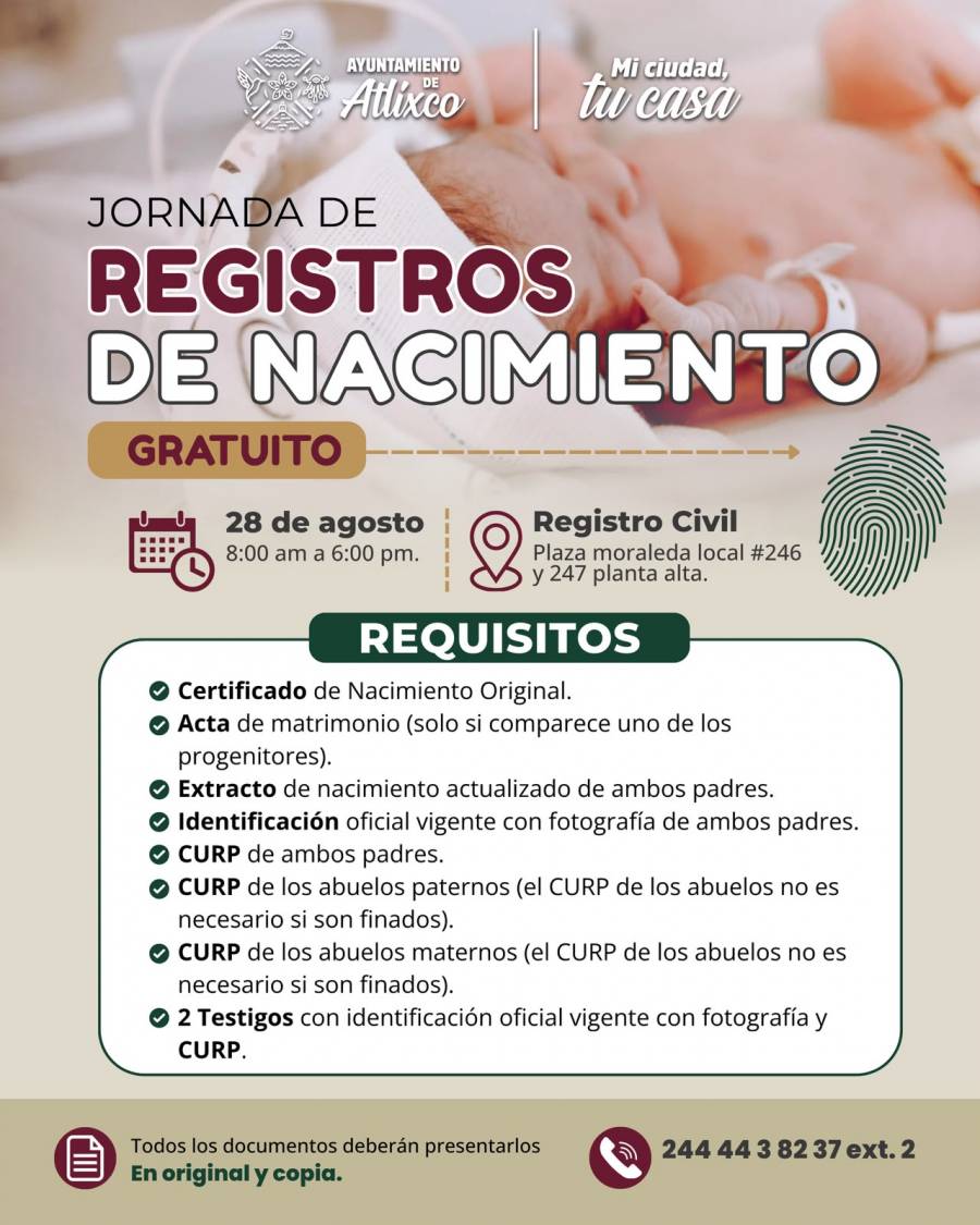 Atlixco realizar&aacute; jornada gratuita para registrar nacimientos este 28 de agosto
