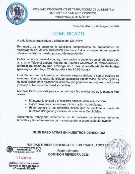 SITIAVW prorroga cinco d&iacute;as emplazamiento a huelga; nueva fecha es el 23 de agosto