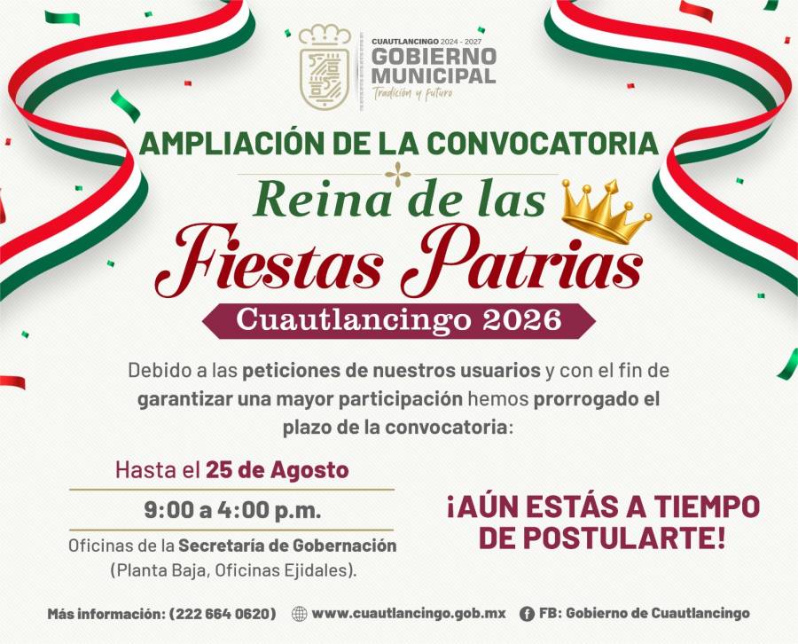 Ampl&iacute;an inscripci&oacute;n para Reina de las Fiestas Patrias 2026 en Cuautlancingo
