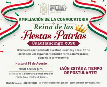 Ampl&iacute;an inscripci&oacute;n para Reina de las Fiestas Patrias 2026 en Cuautlancingo