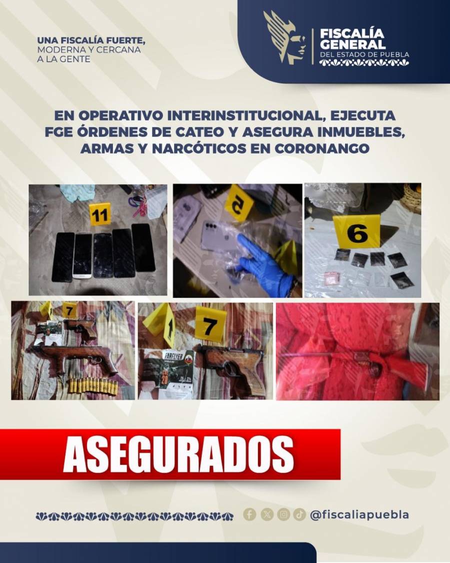En operativo interinstitucional, ejecuta FGE &oacute;rdenes de cateo y asegura inmuebles, armas y narc&oacute;ticos en Coronango