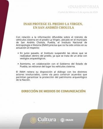 INAH niega omisi&oacute;n y asegura protecci&oacute;n de vestigios arqueol&oacute;gicos en predio “La Virgen”