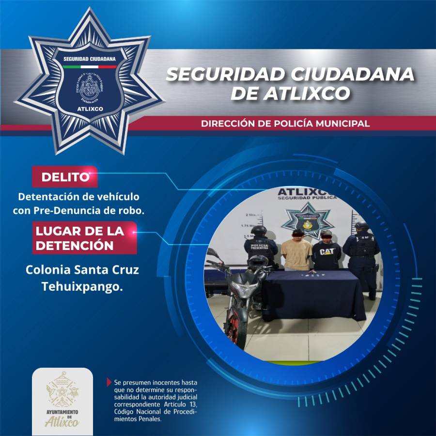 Polic&iacute;as de Atlixco aseguran a sujetos; viajaban en motocicleta con reporte de robo