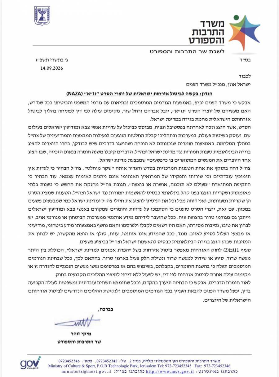 Ministro de Cultura de Israel busca revocar nacionalidad a cineastas del  documental ‘Naza’