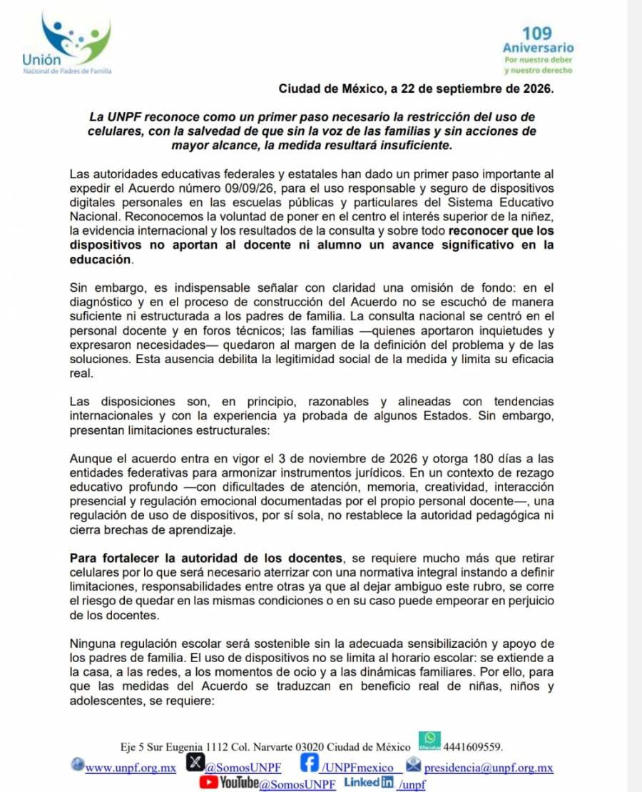 UNPF exige voz de padres en regulaci&oacute;n de celulares y advierte rezago educativo
