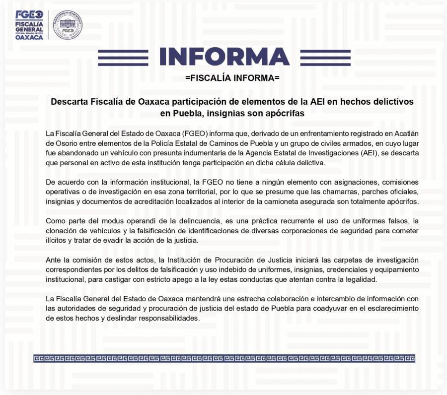 Fiscal&iacute;a de Oaxaca investigar&aacute; falsificaci&oacute;n de uniformes e identificaciones tras operativo en Puebla