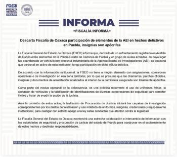 Fiscal&iacute;a de Oaxaca investigar&aacute; falsificaci&oacute;n de uniformes e identificaciones tras operativo en Puebla