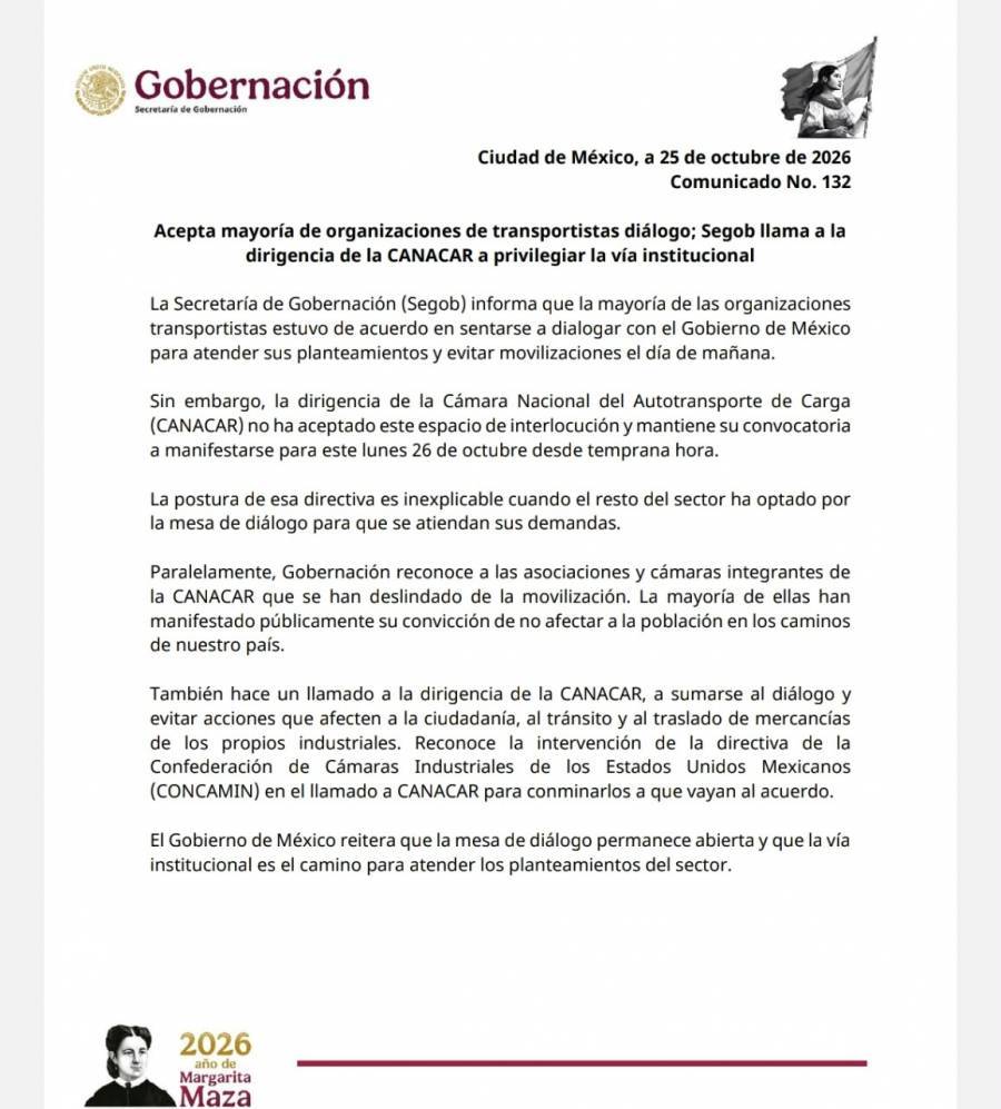 Segob afirma que mayoría de transportistas acepta diálogo y llama a la CANACAR a frenar movilización